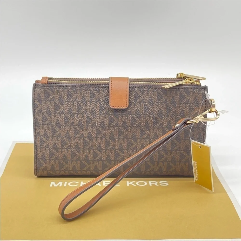 Michael Kors Large Double Zip Wallet Wristlet Leather Rich Brown